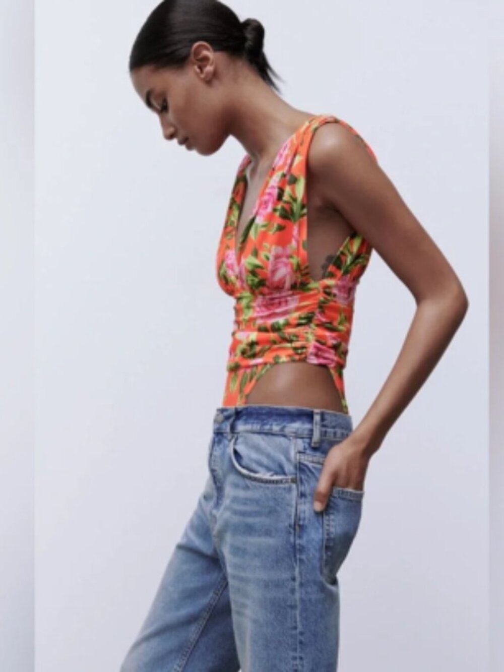 Zara Tropical Floral PRINTED DRAPED V-Neck BODYSUIT